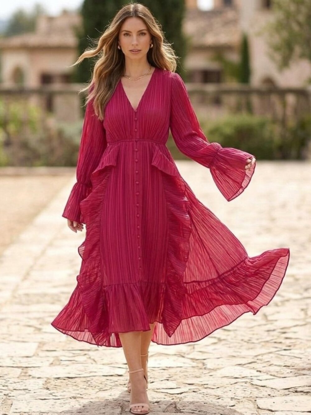 CHICWISH Red Breezy Ruffle Asymmetric Pleated Chiffon Maxi Dress Size Med NWoT